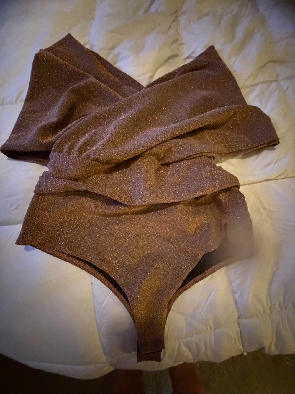 Fashion Nova Off-Shoulder Sparkle Bodysuit in Brown - Picture 2 of 7
